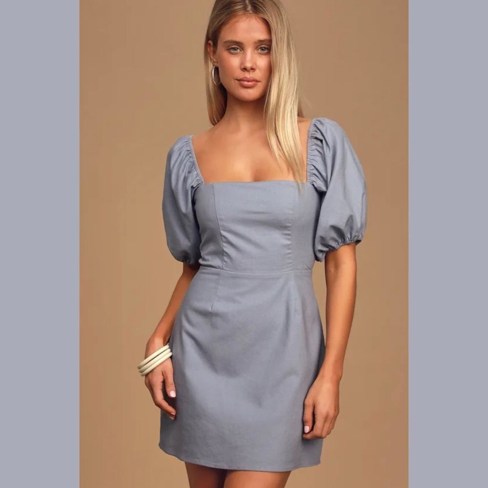 Lulu’s Slate Blue Puff Sleeve Mini Linen Dress Size Medium